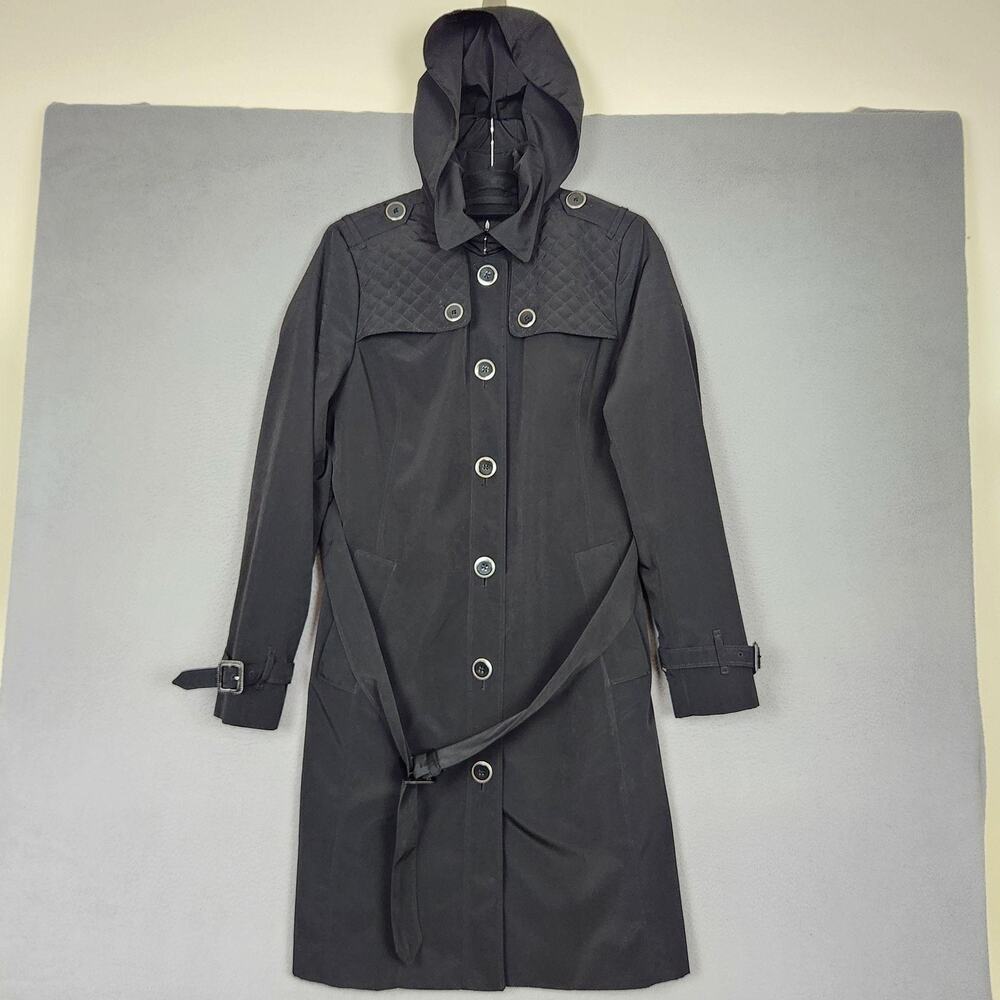 London Fog Trench Coat Womens Medium Black Hooded Long Belted Quilted Lined